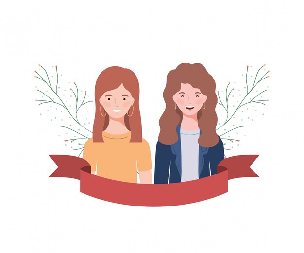 Vector young women with branches and leaves