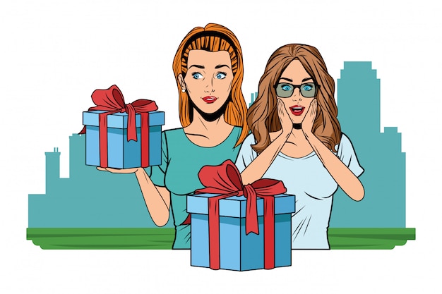 Young women with a gift box pop art