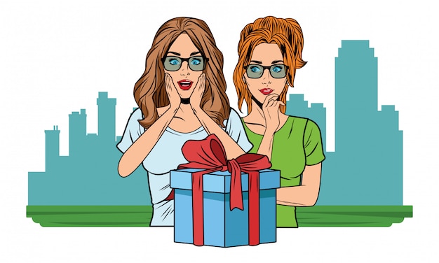 Young women with a gift box pop art