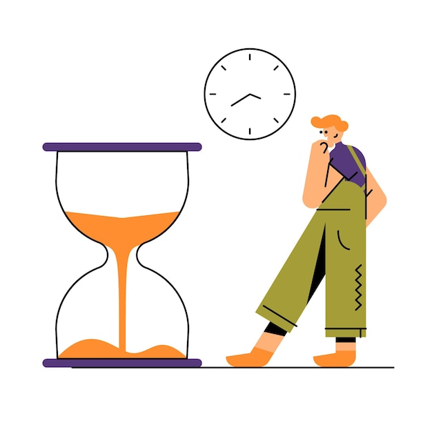 Vector young worker standing near hourglasses and looking at time time management efficiency rest after work concept vector flat illustration in orange and green color