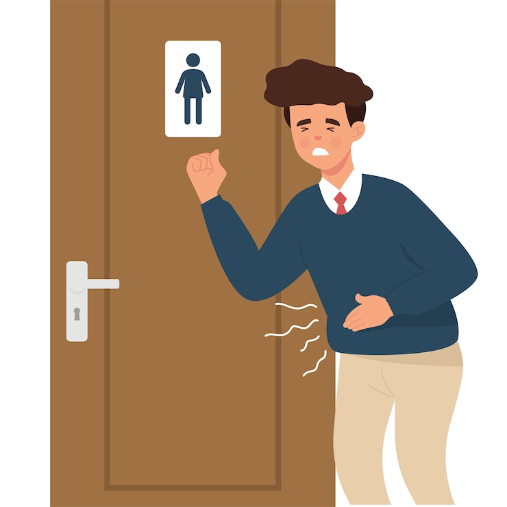 Vector young workers hold the stomach because of diarrhea or want to defecate