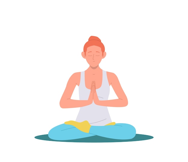 Young yogi woman cartoon character with eyes closed meditating and breathing in lotus position