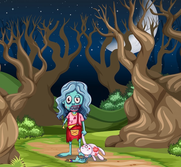 Vector young zombie girl in the dark wood