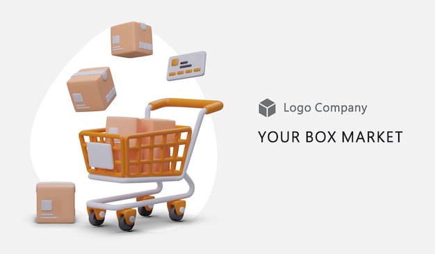 Вектор Ваш рынок коробок производитель упаковочных материалов реклама магазина коробок 3d корзина с коробками внутри удобная и надежная современная упаковка