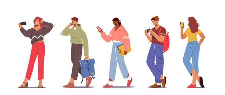 Vector youth characters with phones, teens smartphone