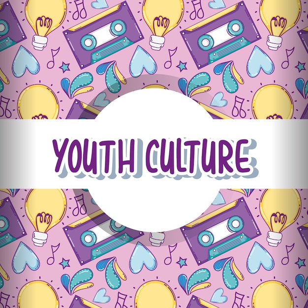 Vector youth culture pattern background with cute cartoons vector illustration graphic design