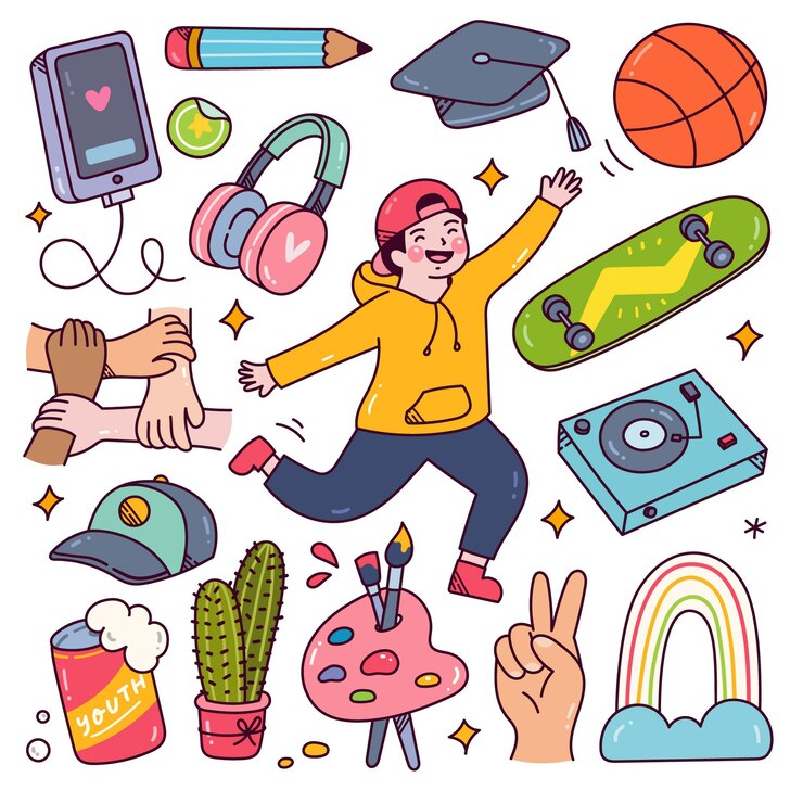 Vector youth day concept doodle happy teenager with their hobbies and equipment