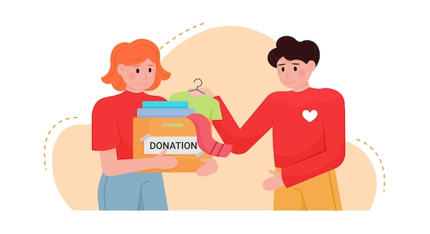 Vector youth doing charity work man and woman helping other people with humanitarian aid woman holding box with clothes for donation man helping her flat vector illustration in red colors