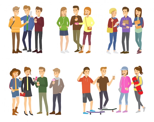 Youth group of teenagers vector grouped teens characters of girls or boys together and young student community friendship illustration set
