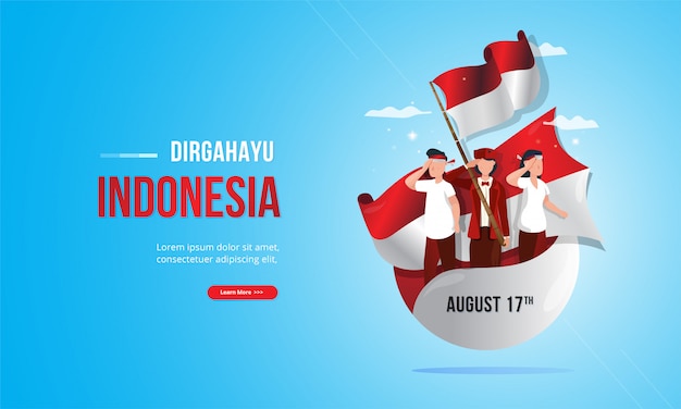 Illustrazione patriottica della gioventù con la bandiera rossa e bianca per il concetto di festa dell'indipendenza dell'indonesia