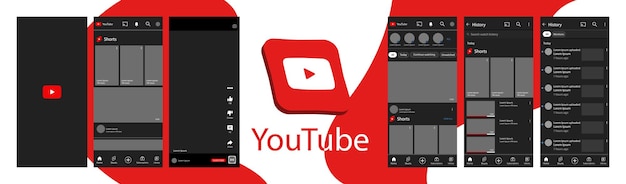 Мокет черной темы YouTube Логотип социальной сети Начальный экран YouTube Хостинг короткометражных фильмов Подписка на контент Публикация контента Социальные сети Уведомления макеты Редакционная векторная иллюстрация