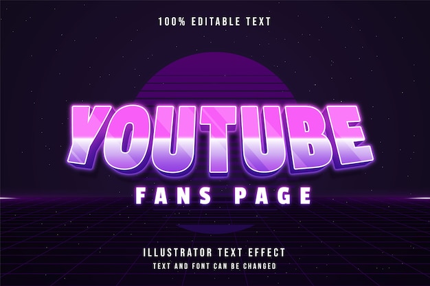Страница фанатов Youtube, редактируемый текстовый эффект 3d, розовый градиент, фиолетовый неоновая тень, стиль текста