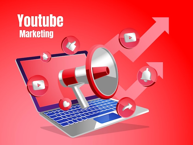 Icone di youtube con il concetto di social media di marketing digitale per laptop e megafono