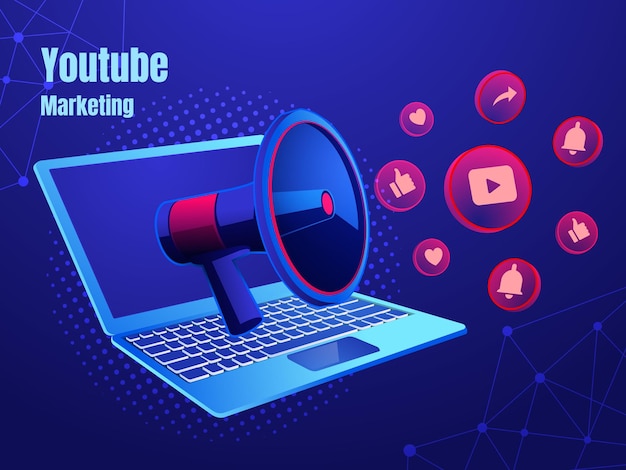 Youtube icons with laptop and megaphone digital marketing social media concept