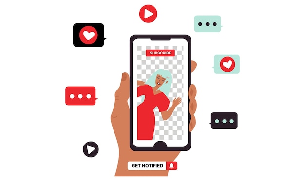 Youtube illustration smartphone in hand with flying social media icons get notified button