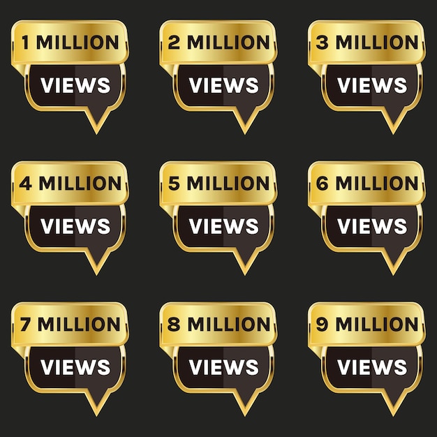 youtube miljoen views viering banner vector, 1 miljoen tot 9 miljoen views badge set