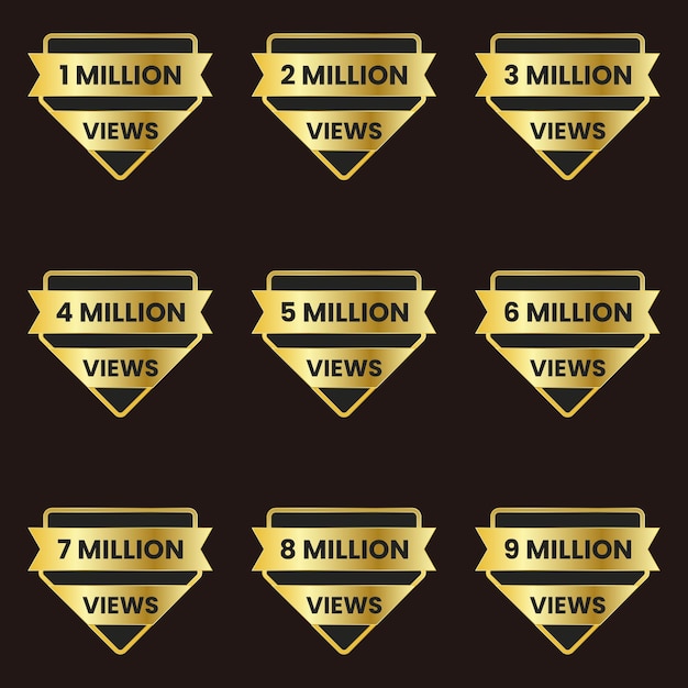 Vettore di banner di celebrazione di milioni di visualizzazioni di youtube, set di badge da 1 milione a 9 milioni di visualizzazioni