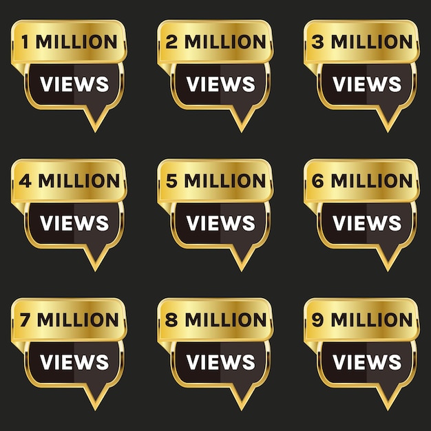 Вектор баннера празднования миллиона просмотров youtube, набор значков от 1 до 9 миллионов просмотров