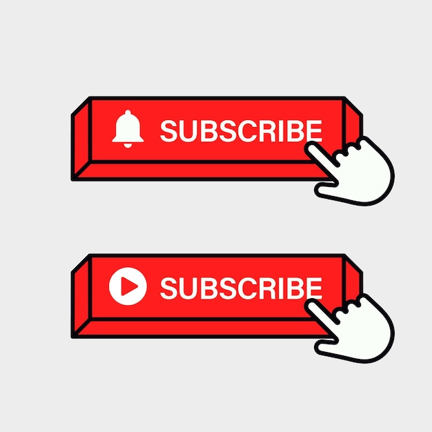 Youtube subscribe button with notification bell icon and hand cursor click symbol