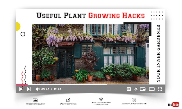 YouTube-thumbnail voor Home Gardening-sjabloon Premium Vector