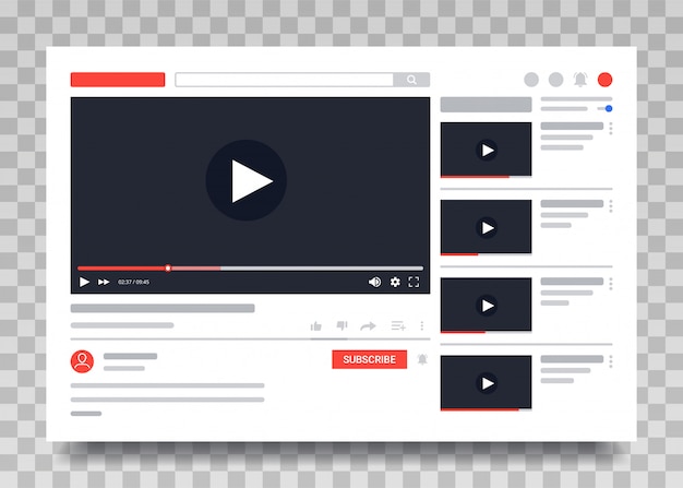 Vector youtube video template, video player pc layout. video online content