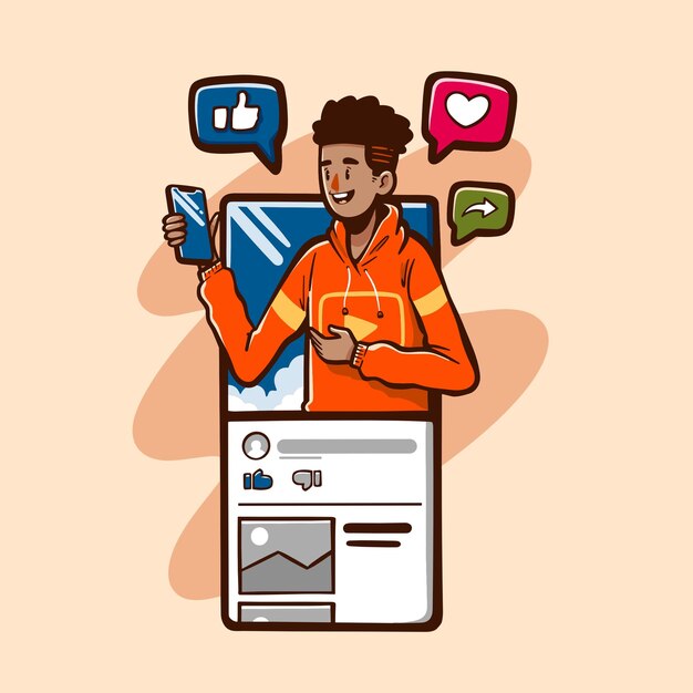 Youtuber o uomo che porta il telefono sul suo canale youtube e vettore di illustrazione delle cose sui social media