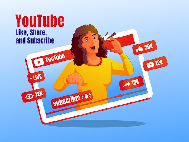 Vector a youtuber promoting youtube channel like share and subscribe