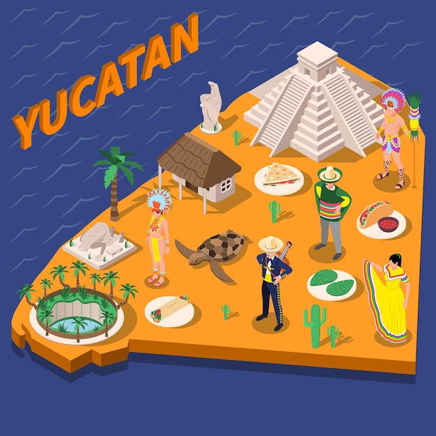 Yucatan travel isometric map composition with text and polygonal island platform with national symbols and landmarks vector illustration