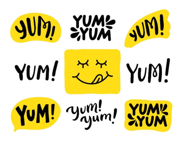 Vector yum yum woorden ingesteld. . belettering