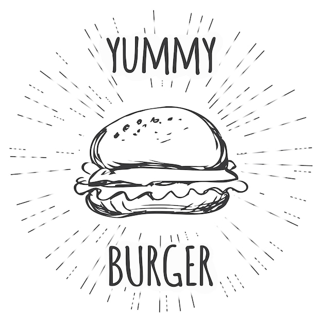 Yummy burger vintage label in hipster style with sunburst hand drawn vector illustration