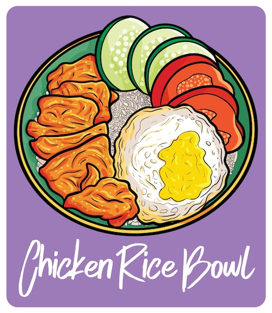 Yummy chicken rice bowl with egg in cartoon style