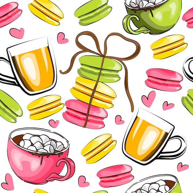 Yummy colorful sweet  macaroon  and tea mug with coffee and marshmallows seamless pattern