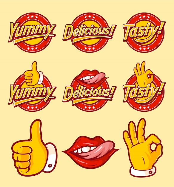 Vector yummy, delicious and tasty with a blend of words and illustrations