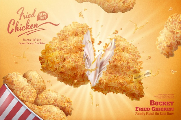 Vector yummy fired chicken bucket ads on sparkling yellow background in 3d illustration