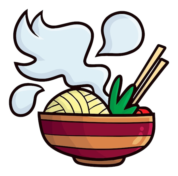 Yummy hot noodle in brown bowl cartoon illustration