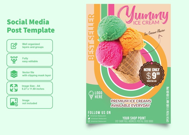 소셜 미디어 포스트 템플릿을 위한 맛있는 아이스크림 큐브 전단지 및 메뉴 템플릿