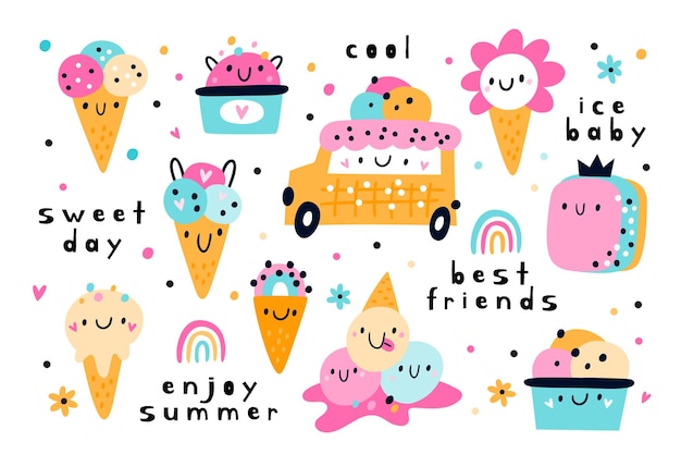 ベクトル おいしいアイスクリーム漫画の離乳食のキャラクターがセットされたかわいい夏子供っぽい食べ物の砂漠のコレクション