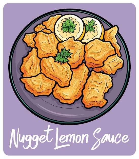 Vector yummy nugget with lemon sauce in cartoon style