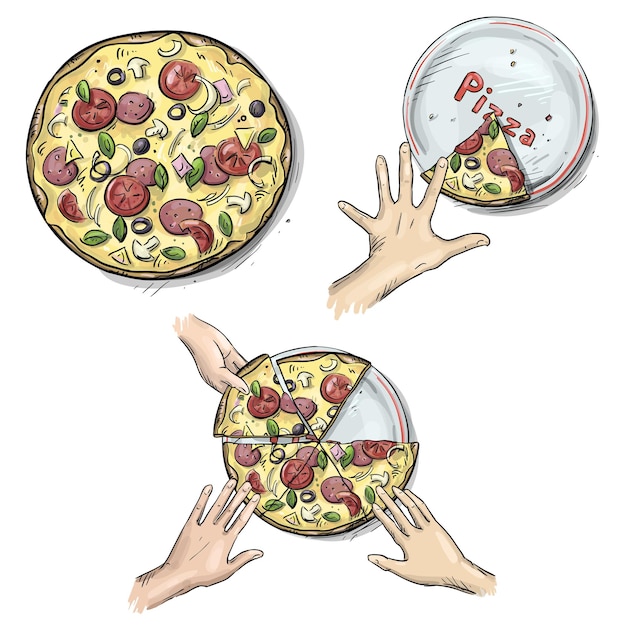 Vector yummy pizza, hands holding pizza slices