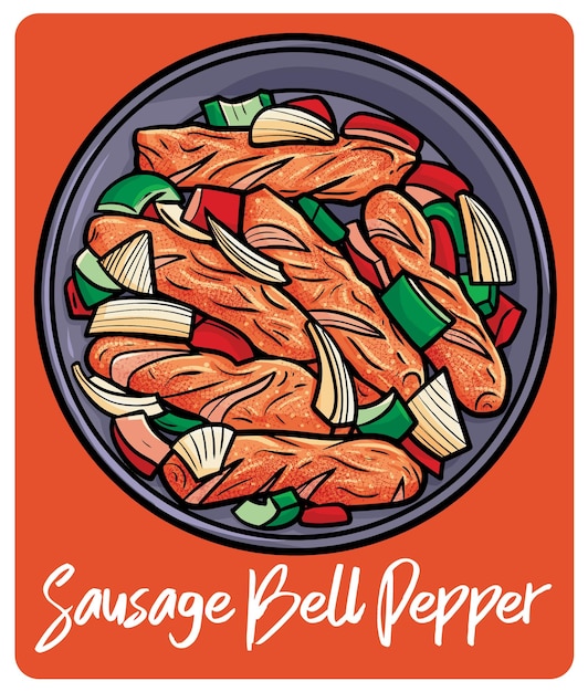 Yummy sausage with bell pepper in cartoon style