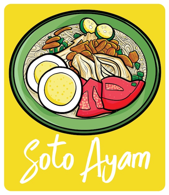 Yummy Soto Ayam a traditional food from Indonesia in cartoon style