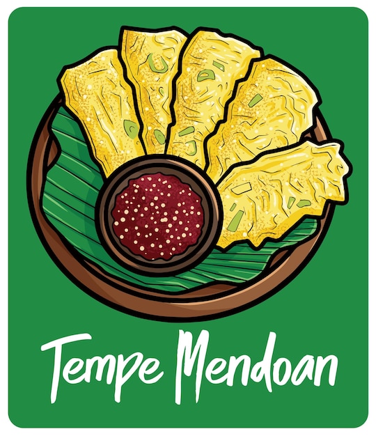 Yummy Tempe Mendoan een traditionele snack uit Indonesië in cartoonstijl