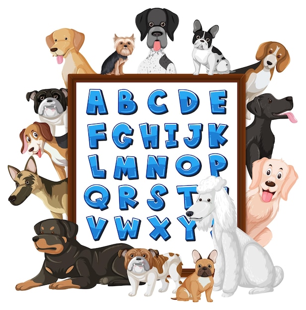 A-z alphabet board with many different types of dogs