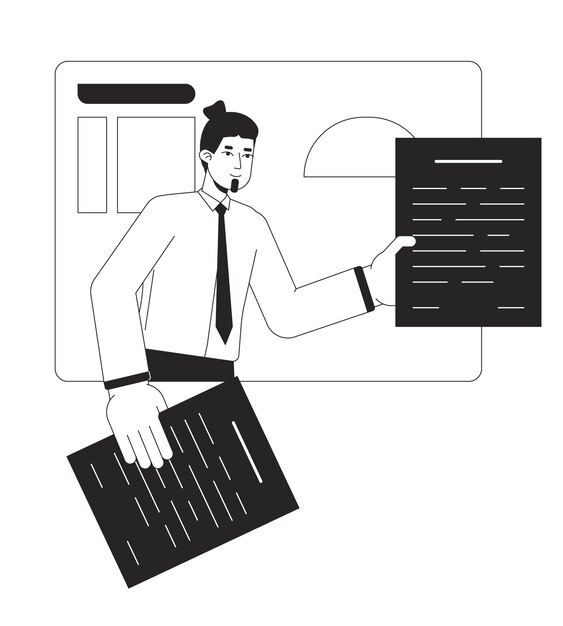 Zaakvoerder overhandigen van papieren bw concept ter plaatse vectorillustratie Teamleider 2D cartoon platte lijn monochromatisch karakter voor web UI ontwerp Presentatie bewerkbare geïsoleerde schets held afbeelding