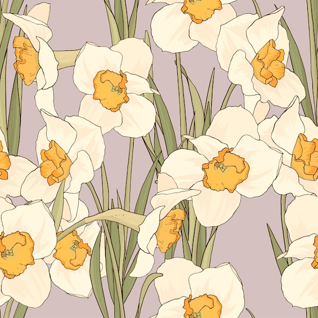 Zacht naadloos patroon van witte narcissen op lila achtergrond