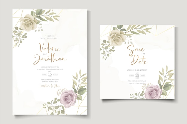 Zachte bloemen en bladeren bruiloft uitnodigingskaart ontwerp