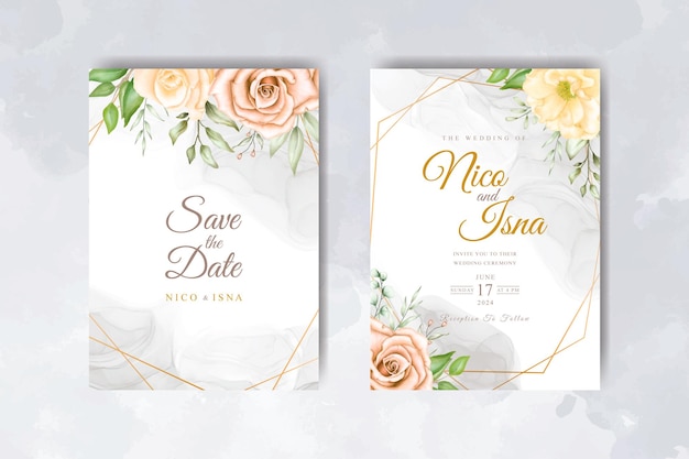 Zachte elegante bruiloft uitnodiging kaartsjabloon met aquarel bloemen en bladeren