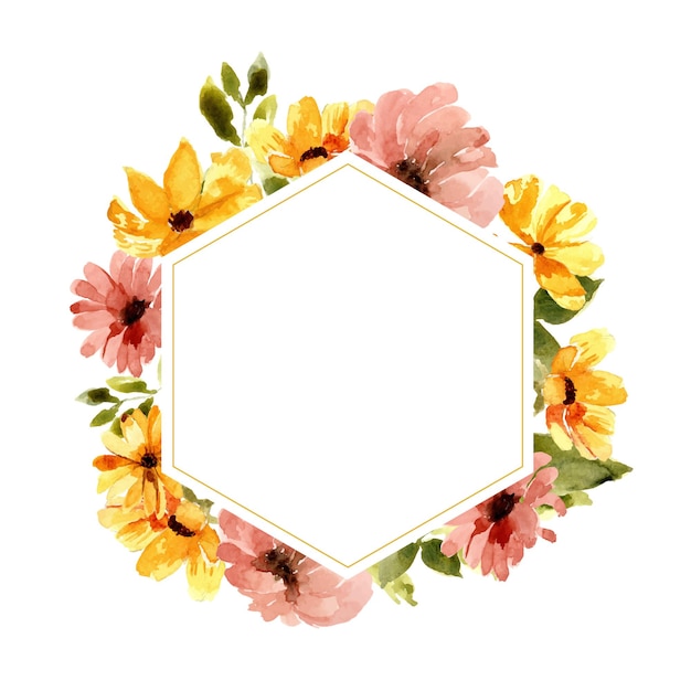 Zachte pastelroze bloem met zonnebloem en gedroogd blad aquarel zeshoekig frame premium vector