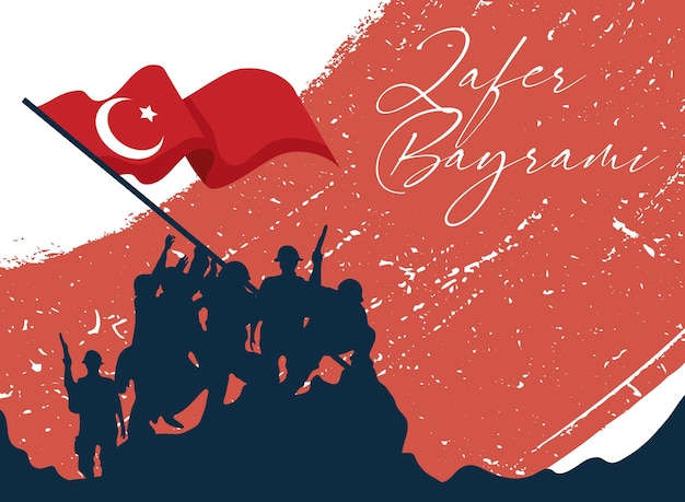 Zafer bayrami soldaten silhouet met turkse vlag op grunge background