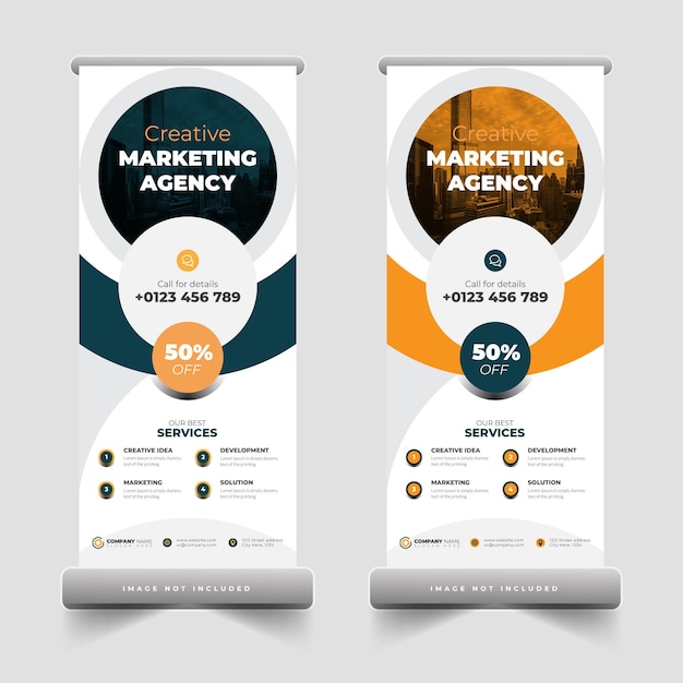 Zakelijk bureau roll-up banner of pull-up banner ontwerpsjabloon